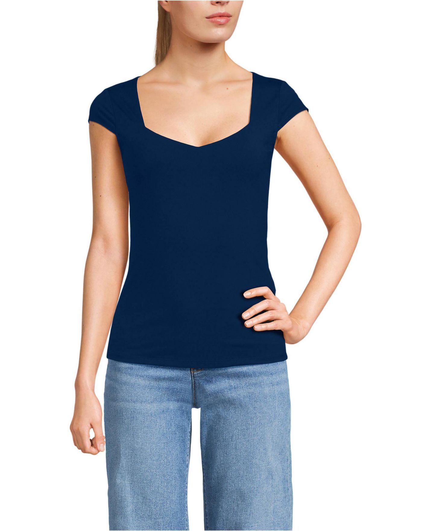Женский топ Lands' End Cap Sleeve Tugless Double Layer Sweetheart Knit, цвет: Морской тёмно-синий — фото 1