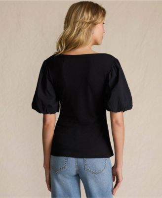 Women's Drapey Rib Puff Sleeve Scoop Neck Top