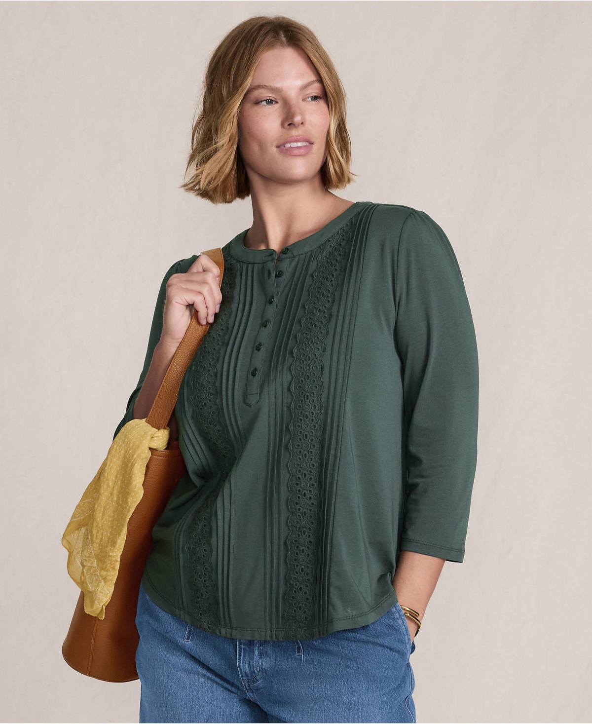 Lands' End Women's 3/4 Sleeve Lightweight Jersey Embellished Top