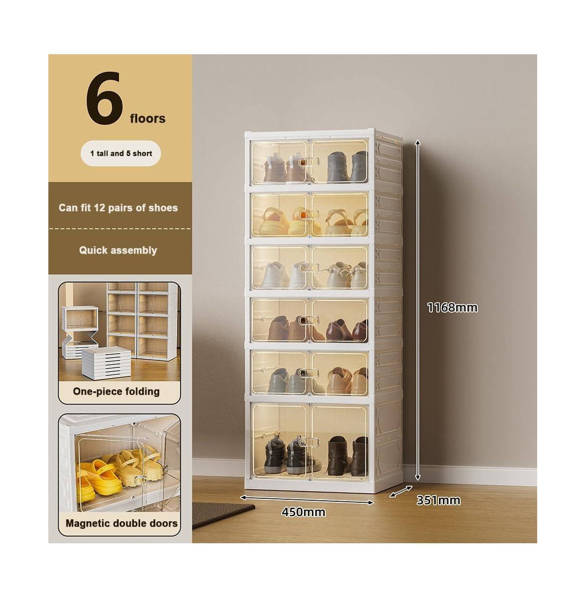 gaomon 6 Tiers Foldable Shoe Rack Organizer, 12 Shoes Dustproof Collapsible Shoe Organizer- Suitable for Clothes Blankets Shoes Books, Folding Shoe Ra