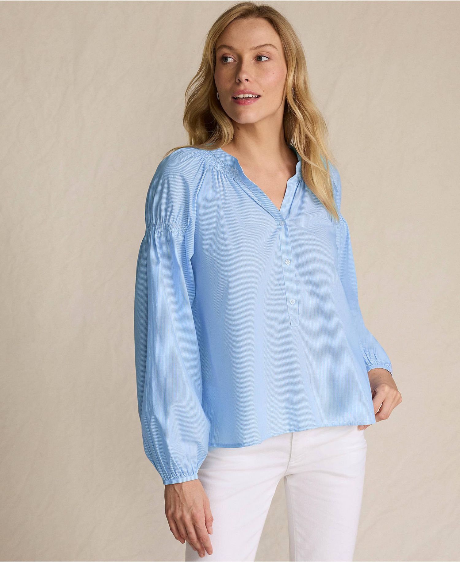 Women's Cotton Voile Long Sleeve Raglan Smocked Top