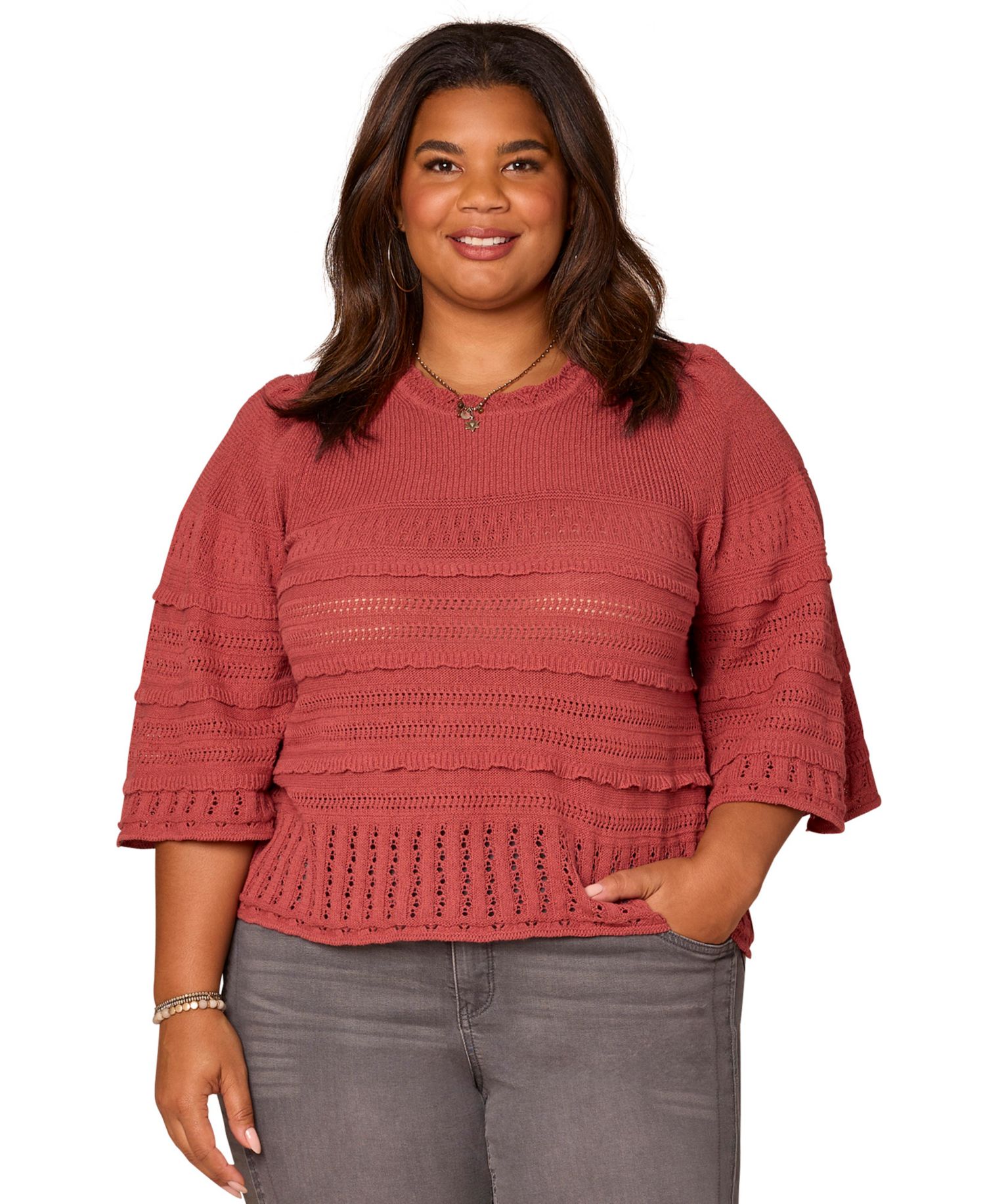 Plus Size Bell-Sleeve Round Neck Sweater