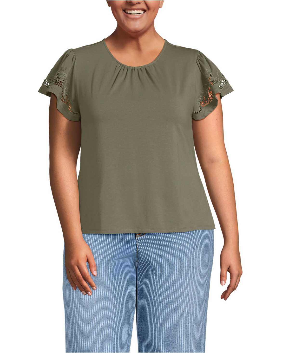 Lands' End Women's Plus Size Lightweight Jersey Crew Neck Ruffle Sleeve Flowy Top - Soft olive drab