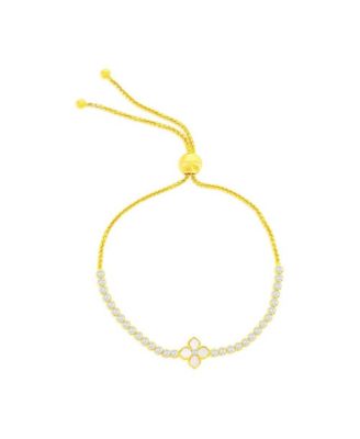 Sterling Silver, Flower MOP Center, CZ Adjustable Bolo Bracelet