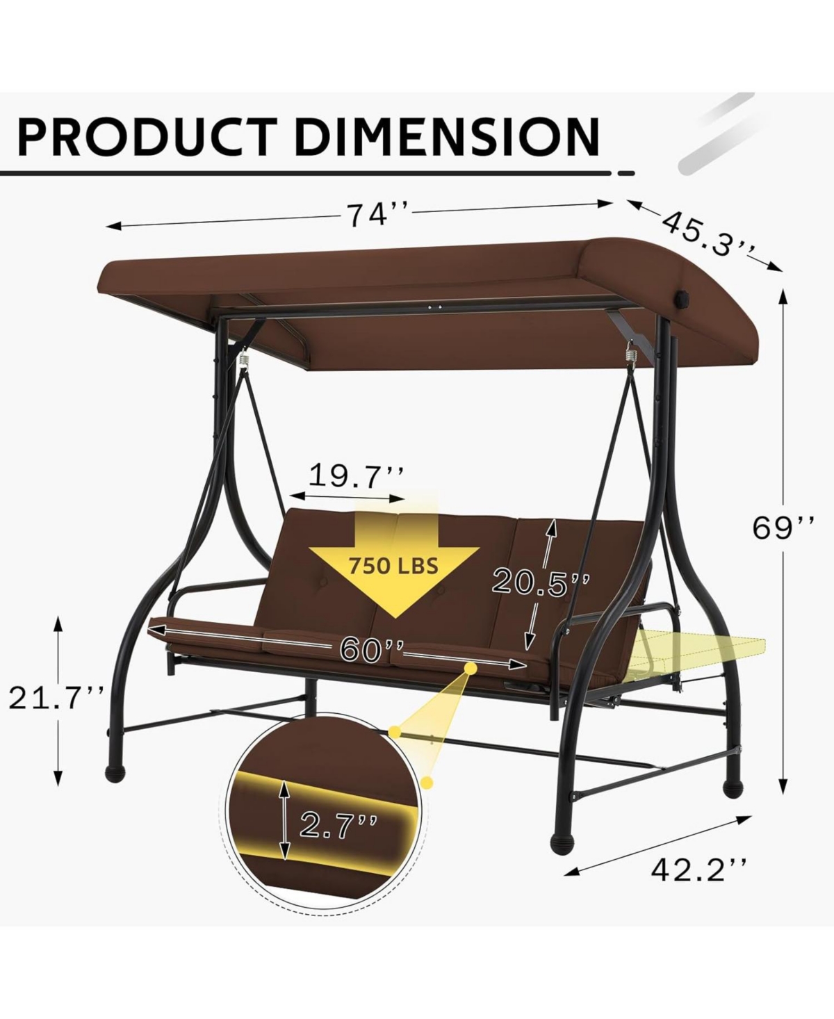 Aecojoy 3 Seats Porch Swing Chair with Adjustable Backrest & Canopy