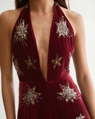 Women's Star Embellished Velvet Halter Jumpsuit