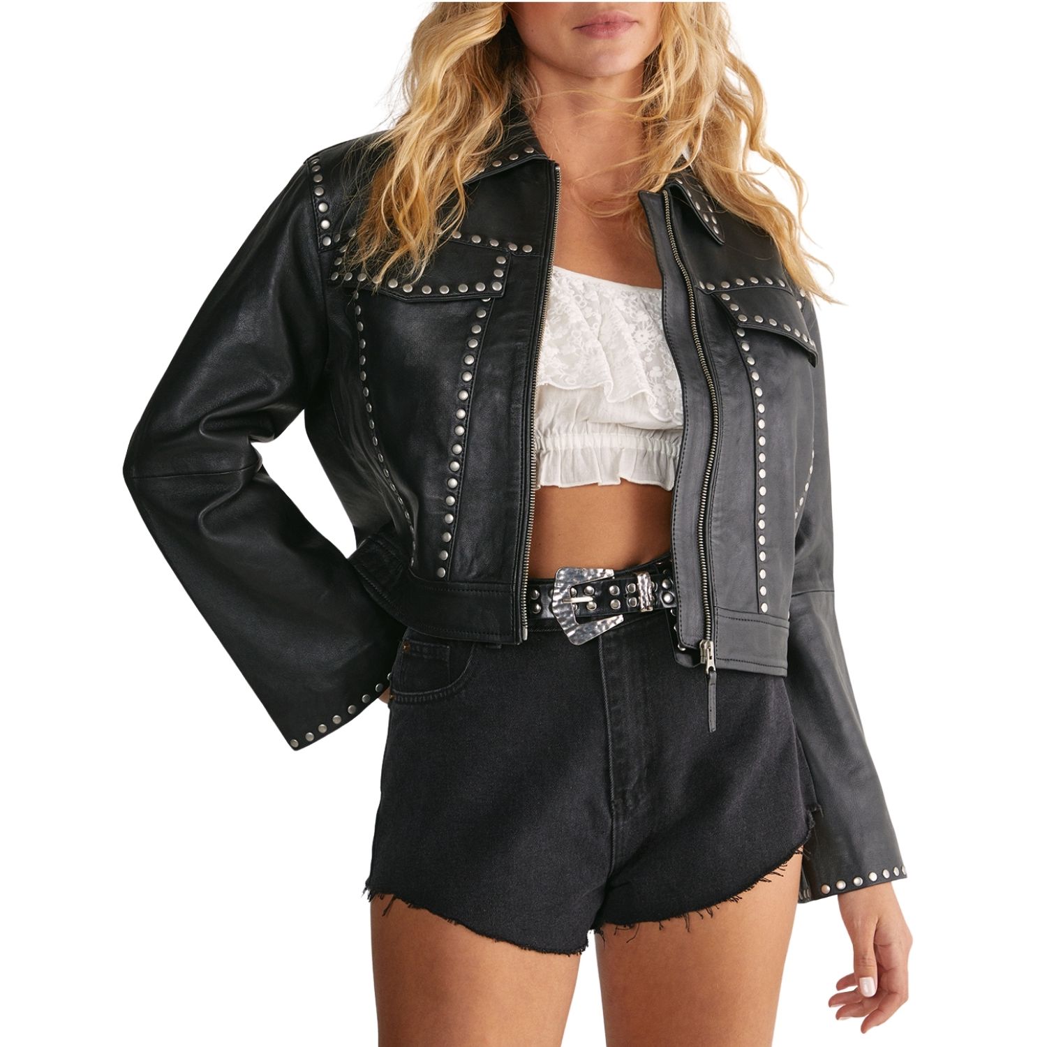 Women's Leather Studded Cropped Jacket
