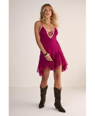 Women's Lace Criss Cross Godet Hem Mini Dress