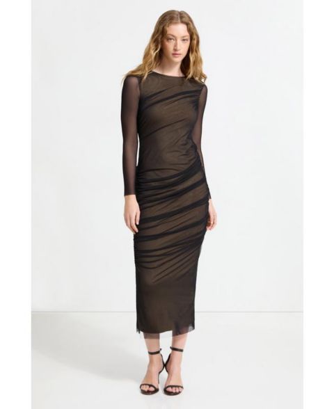 Женское платье Marcella Gia Floating Mesh-Overlay Long-Sleeve Fitted Cocktail, цвет: Чёрный / Песочный