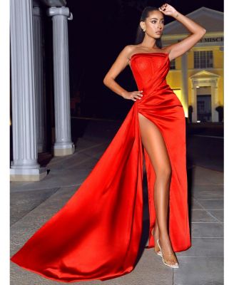 Women Holly Red Crystallized Corset High Slit Satin Gown