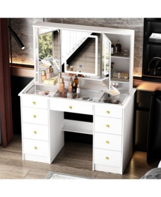 Glass Top 9-Drawers and 3-Mirrors Makeup Vanity Desk ,Dressing Table , Hidden Storage Shelves, LED Lighted