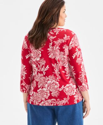 Plus Size Printed 3/4-Sleeve  Henley Top, Exclusively at Macy's 