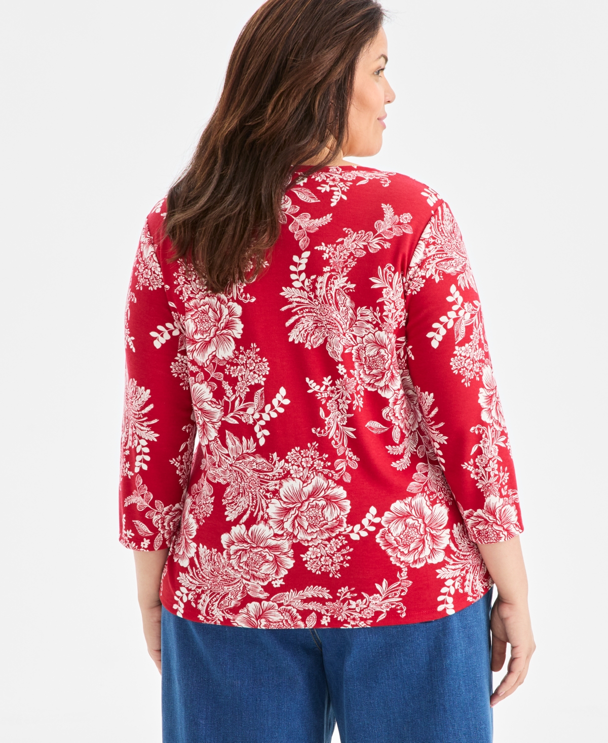 Style & Co Plus Size 3/4-sleeve Cotton Henley Top, Exclusively At Macy's In Red