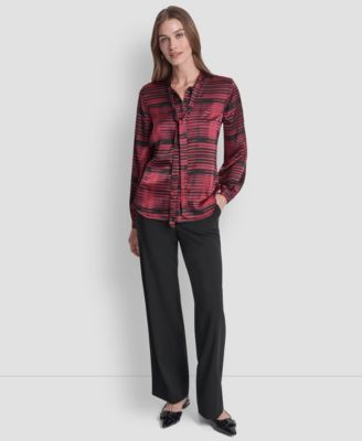 Women's Printed Satin with Covered Placket and Tie Neck Blouse