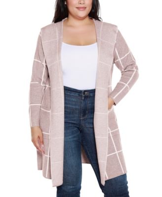 Plus Size Hooded Windowpane Plaid Cardigan Sweater