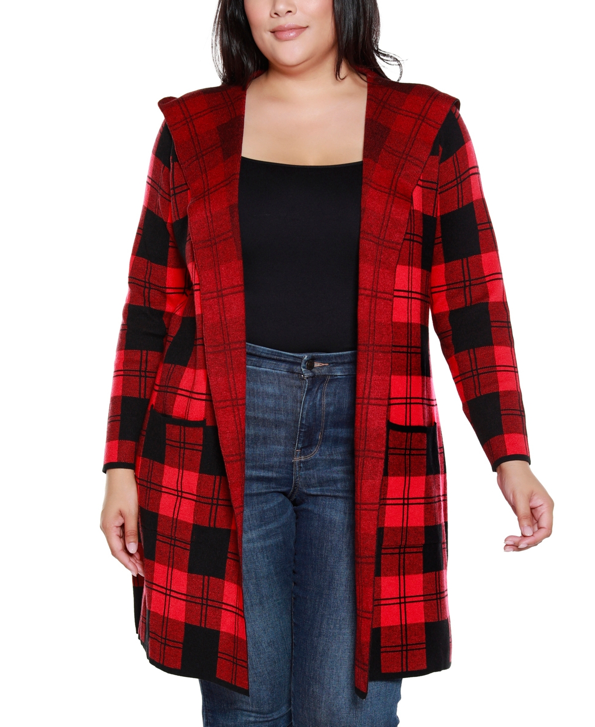 Belldini Plus Size Hooded Checkered Plaid Cardigan Sweater In Multi
