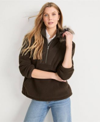 Women's Hooded Half Zip Faux Fur High Pile Fleece Pullover