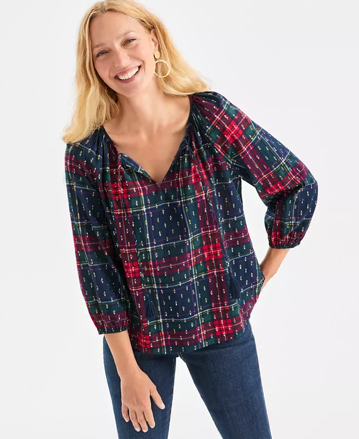 Women's Plaid 3/4 Sleeve Split Neck Top with Lurex