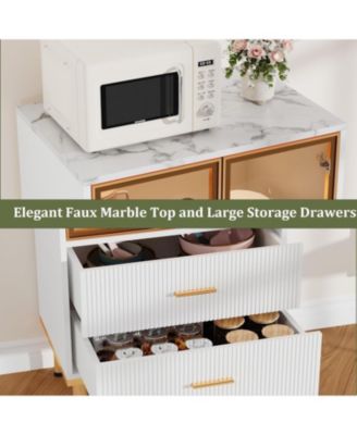 Fluted Glass Door Storage Cabinet w/Adjustable Shelves & 2 Drawers | White Contemporary Display Unit for Kitchen Pantry or Living Room Storage 