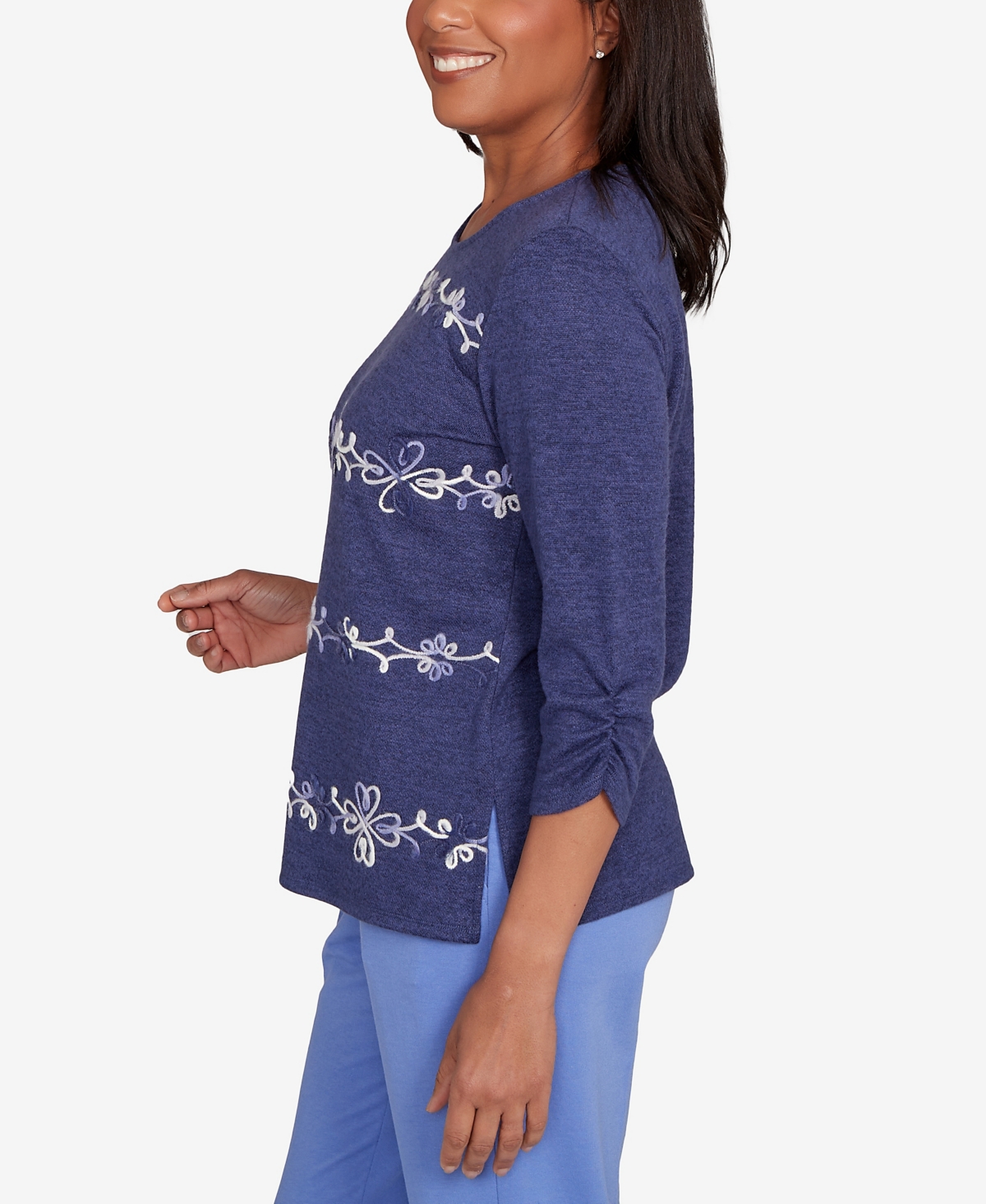 Alfred Dunner Petite Lake Champlain Embroidered Scroll Ruched Sleeve Top In Blue