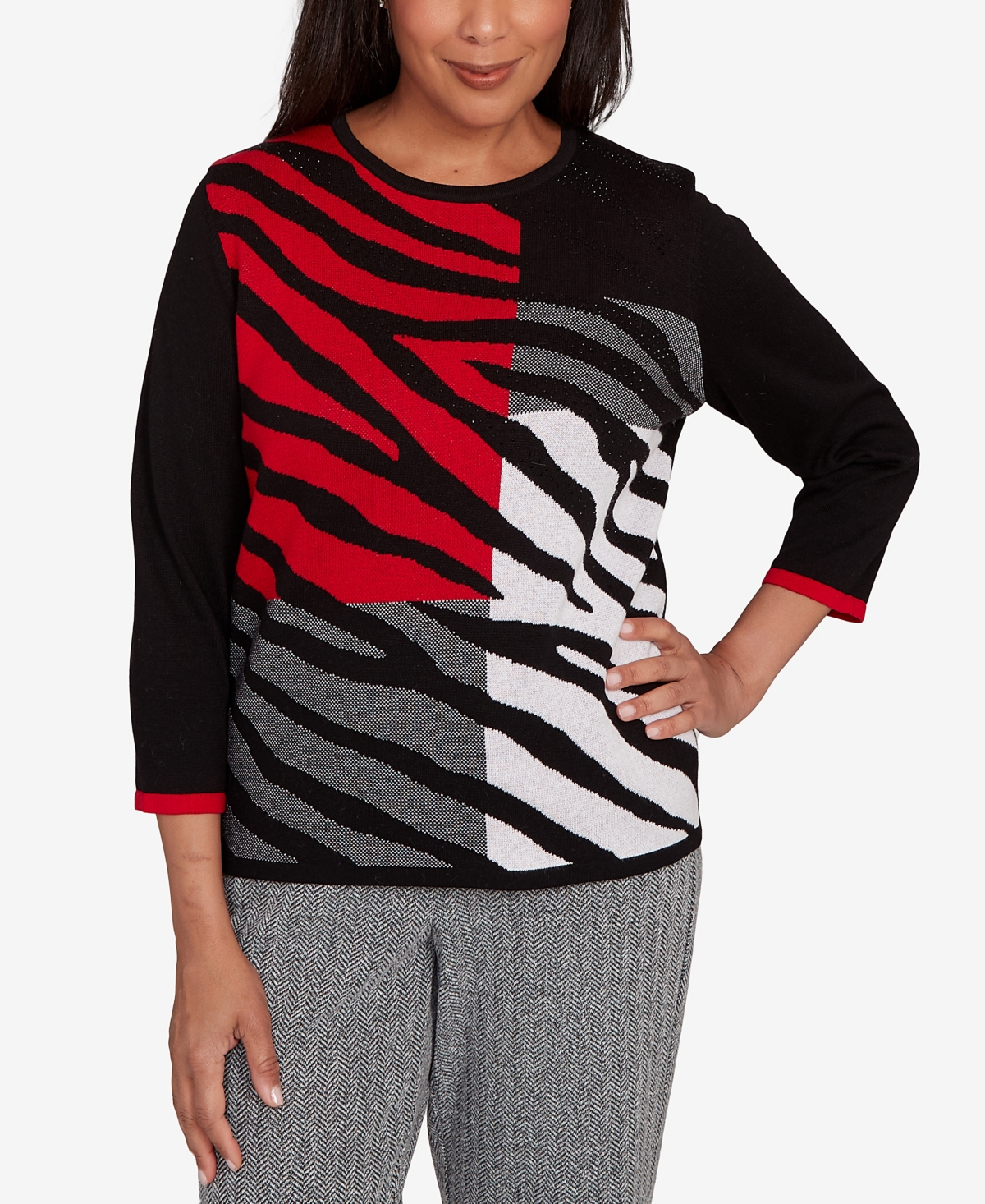 Alfred Dunner Jet Setter Zebra Colorblock Long Sleeve Sweater In Multi