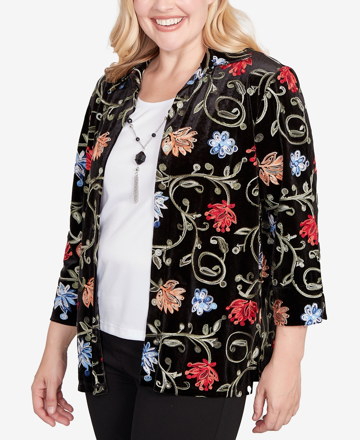 Alfred Dunner Jet Setter Rich Velvet Floral Two In One Top With Necklace In Black