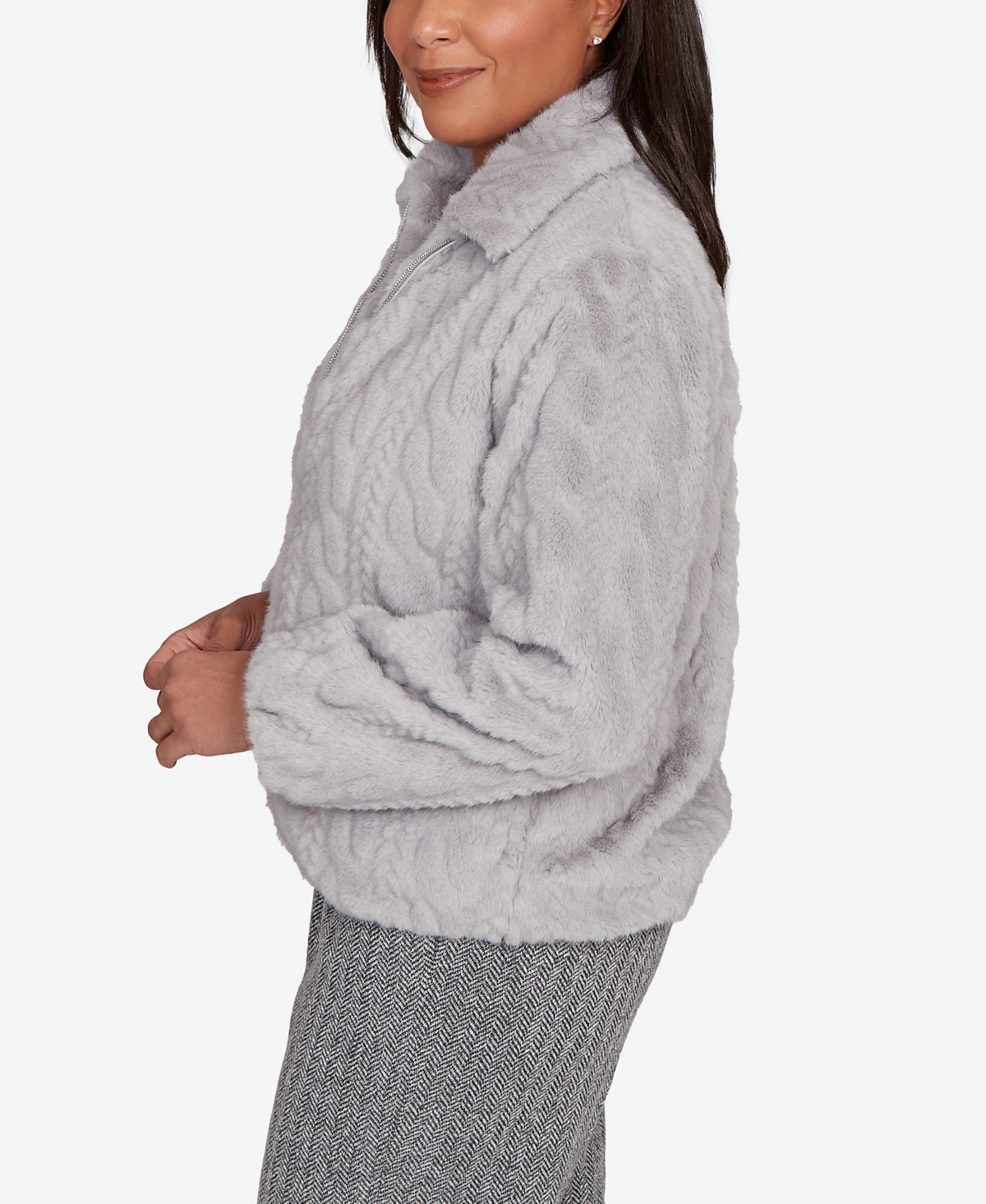 Alfred Dunner Women's Jet Setter Sculpted Faux Fur Zip Up Jacket In Gray