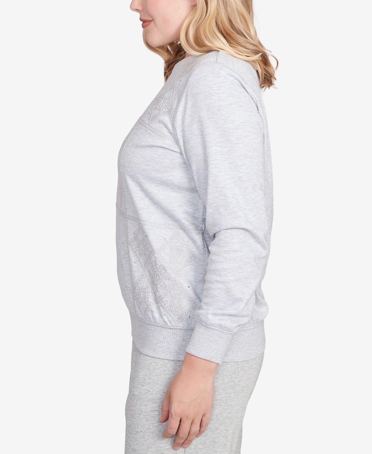 Alfred Dunner Petite Casual Vibe Embroidered Patchwork Long Sleeve Top In Gray