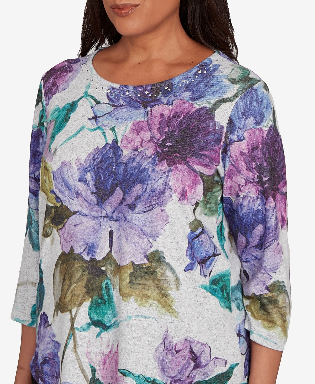 Alfred Dunner Lake Champlain Asymmetrical Watercolor Flower Top