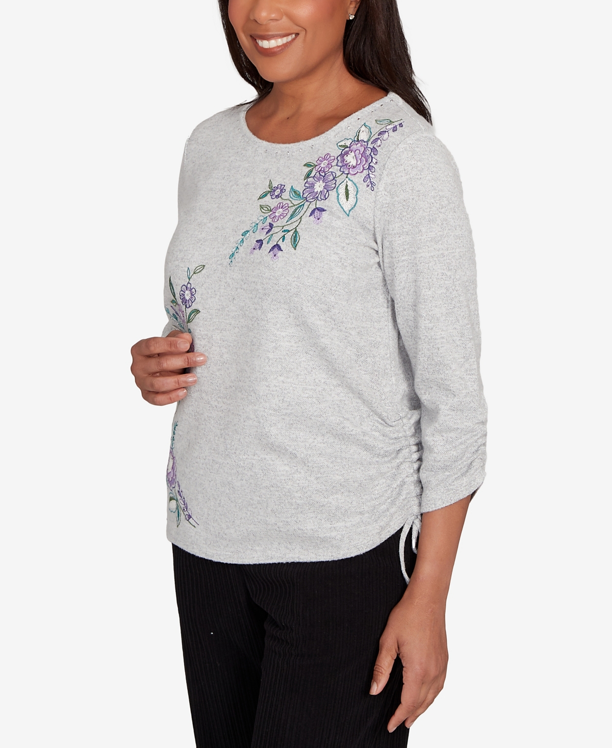 Alfred Dunner Lake Champlain Embroidered Flowers With Side Tie Ruching Top In Gray