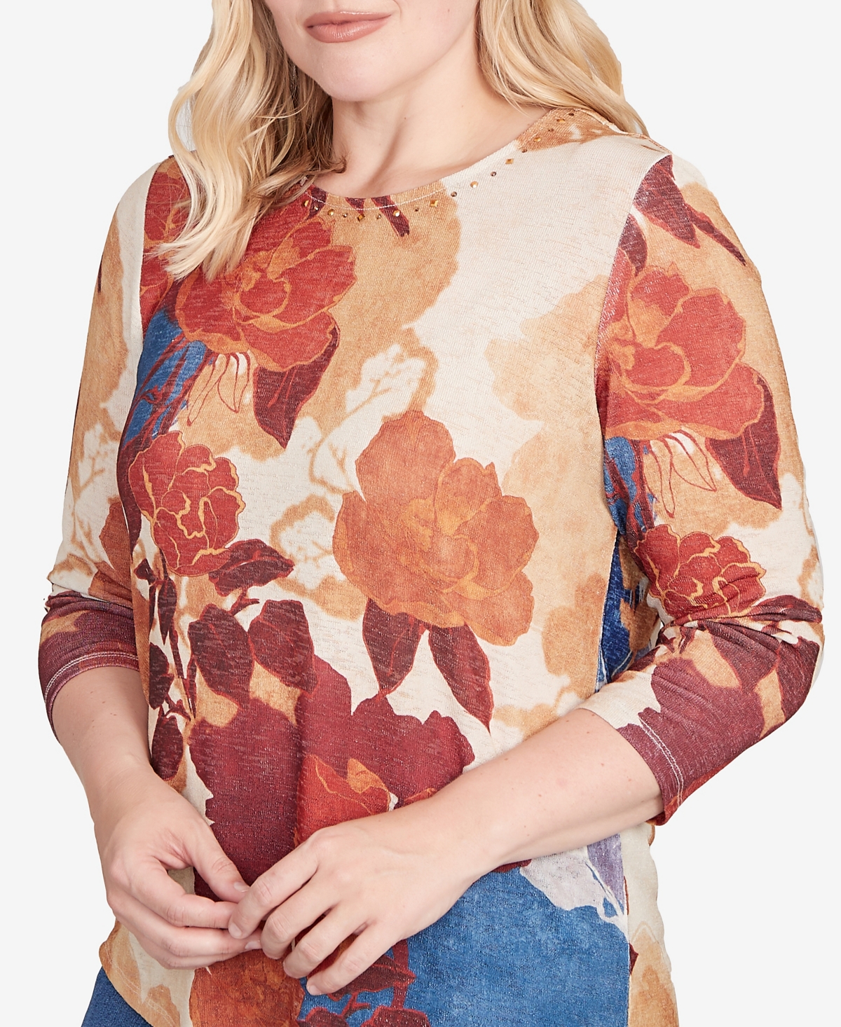 Alfred Dunner Sunset Canyon Dramatic Abstract Floral Asymmetrical Top In Animal Print