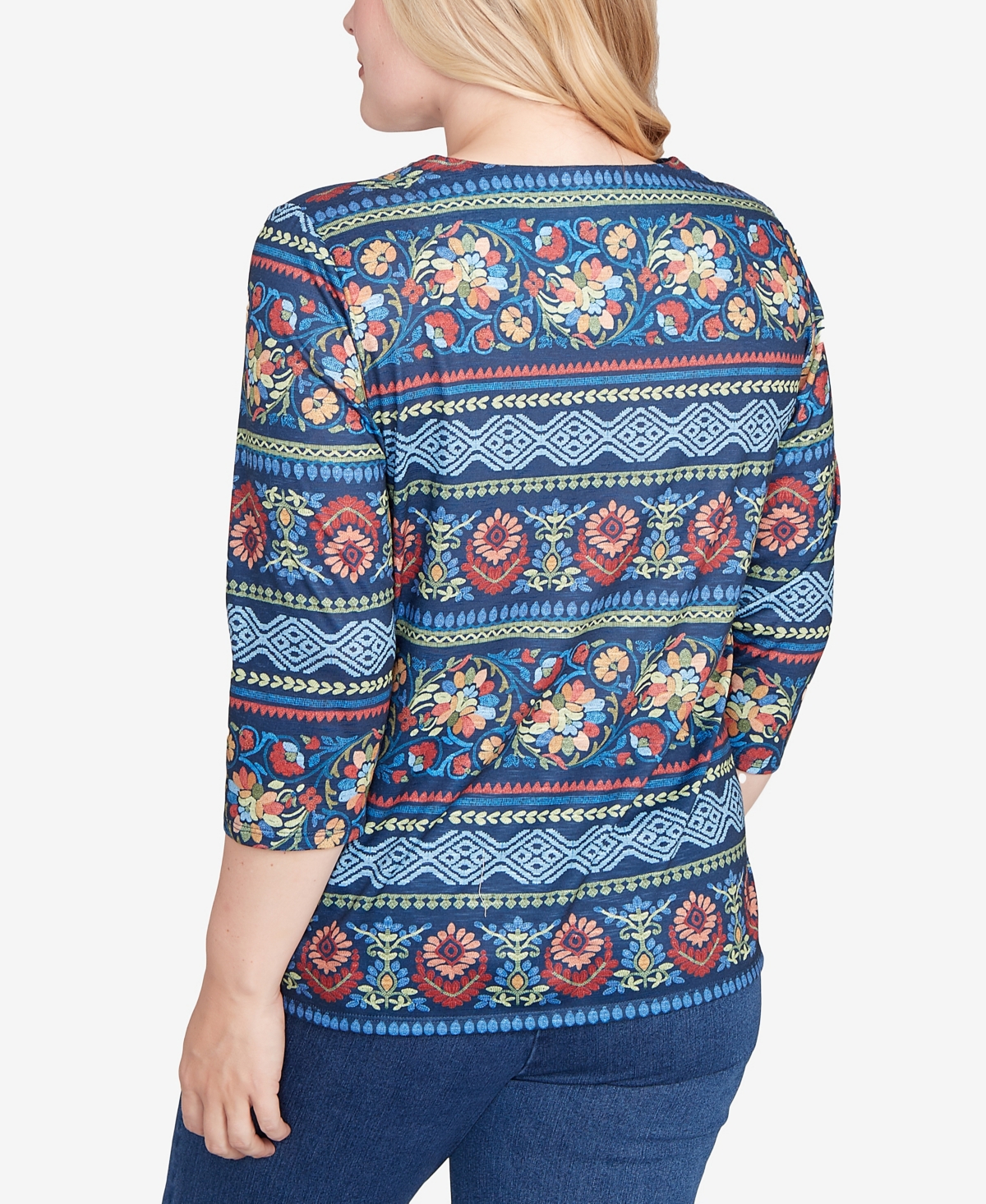 Alfred Dunner Sunset Canyon Printed Sleeve Floral Embroidered Top In Blue