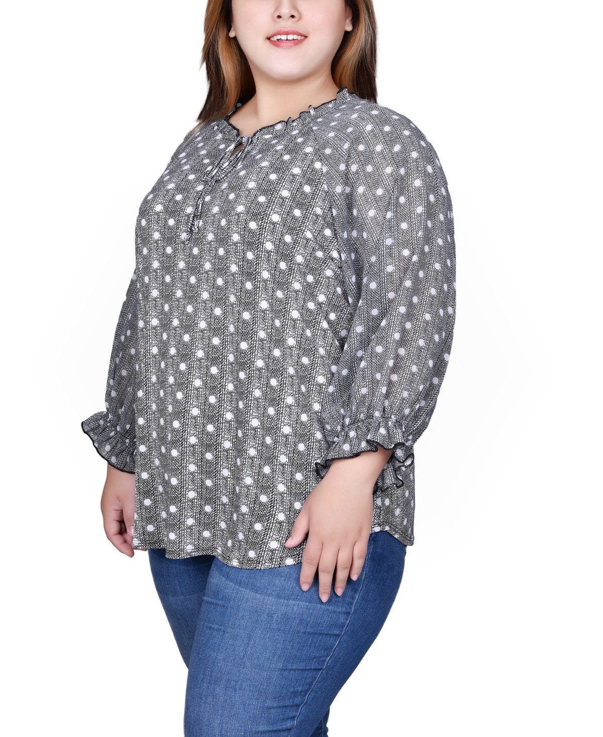 Ny Collection Plus Size 3/4 Sleeve Ruffle Neck Blouse In Black