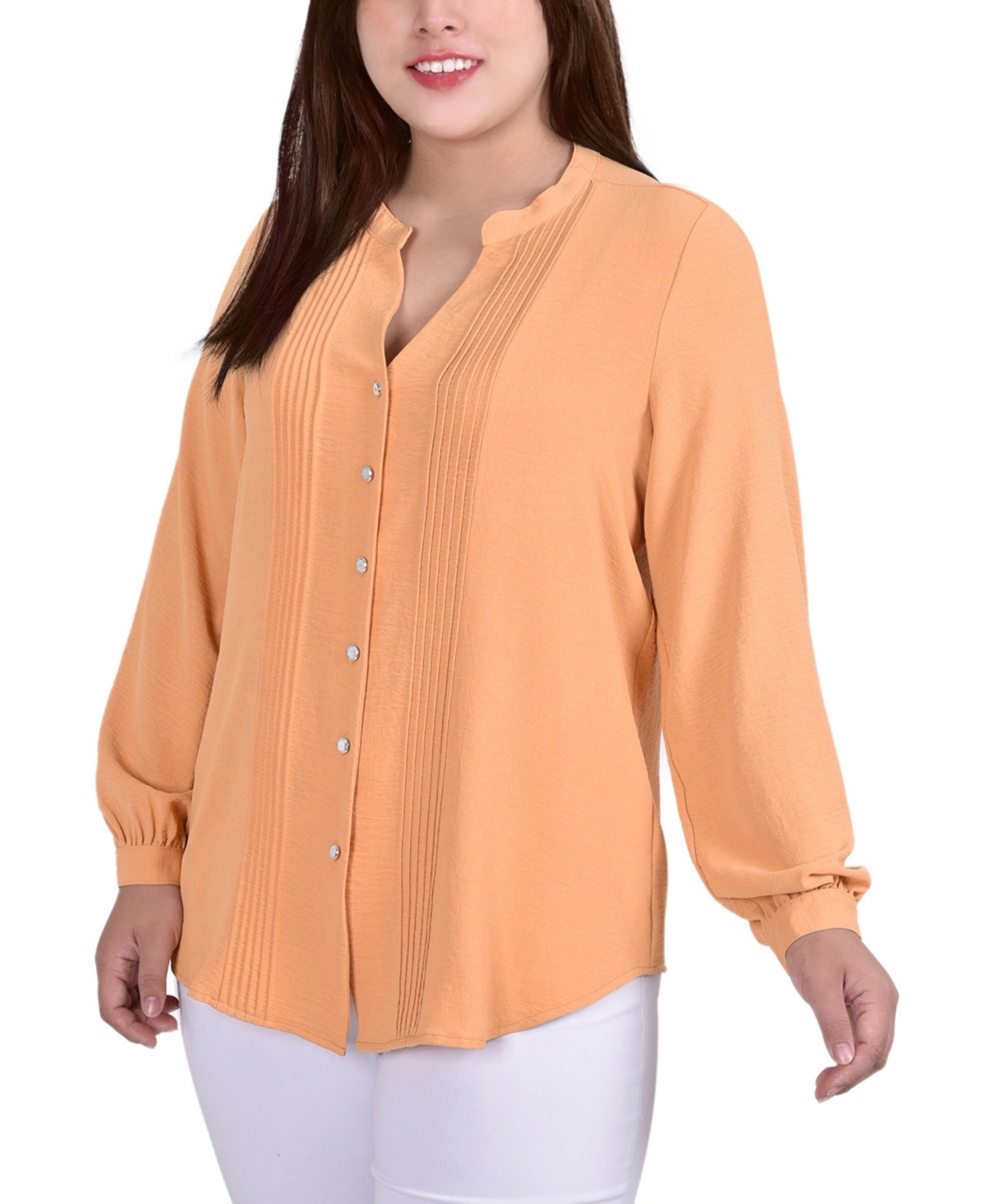 Ny Collection Plus Size Long Sleeve Pleat Front Blouse In Brown