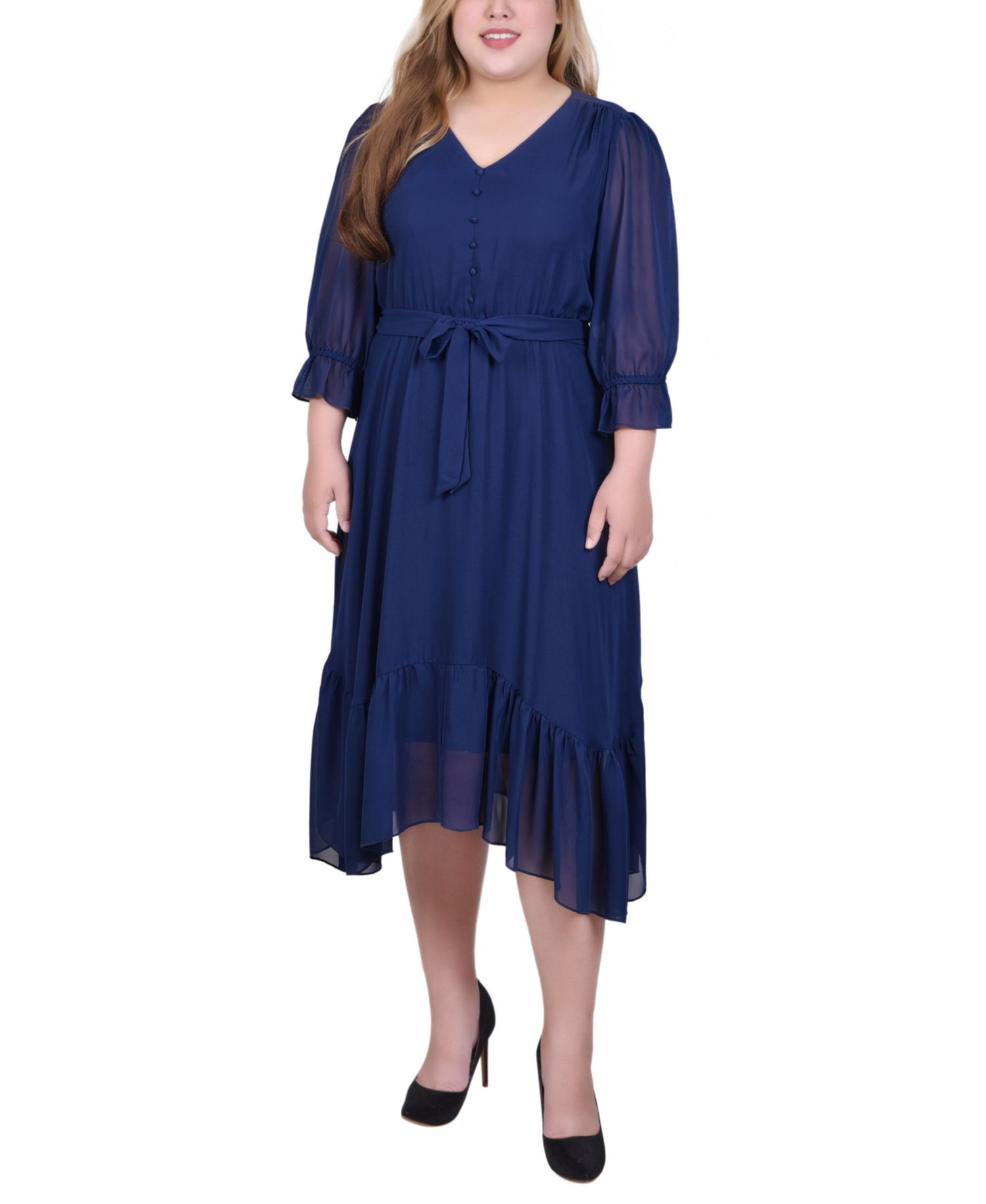 Plus Size 3/4 Sleeve V-Neck Flounced Dress