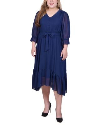 NY Collection Plus Size 3/4 Sleeve V-Neck Flounced Dress Macy's