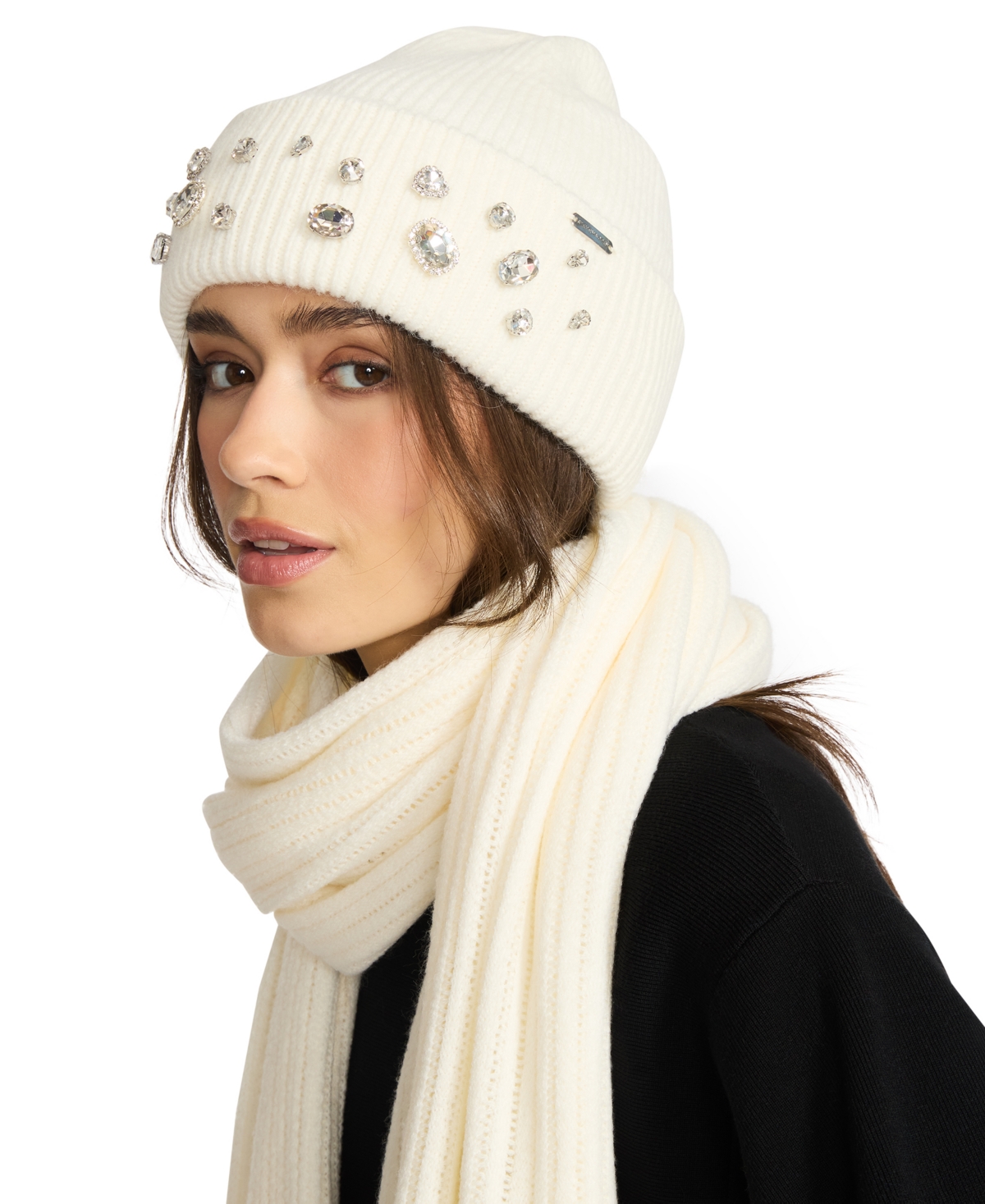Steve Madden Women's Embellished Beanie and Knit Scarf Holiday Gift Set, 2-Piece