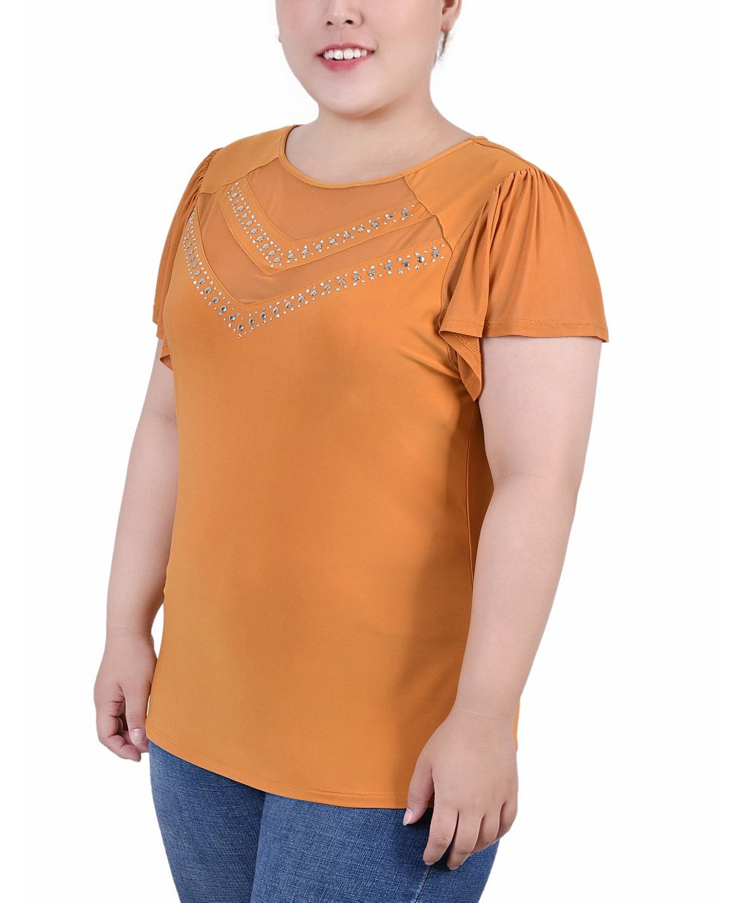 Женский топ NY Collection Plus Size Studded Short Flutter Sleeve, цвет: Золотой — фото 4