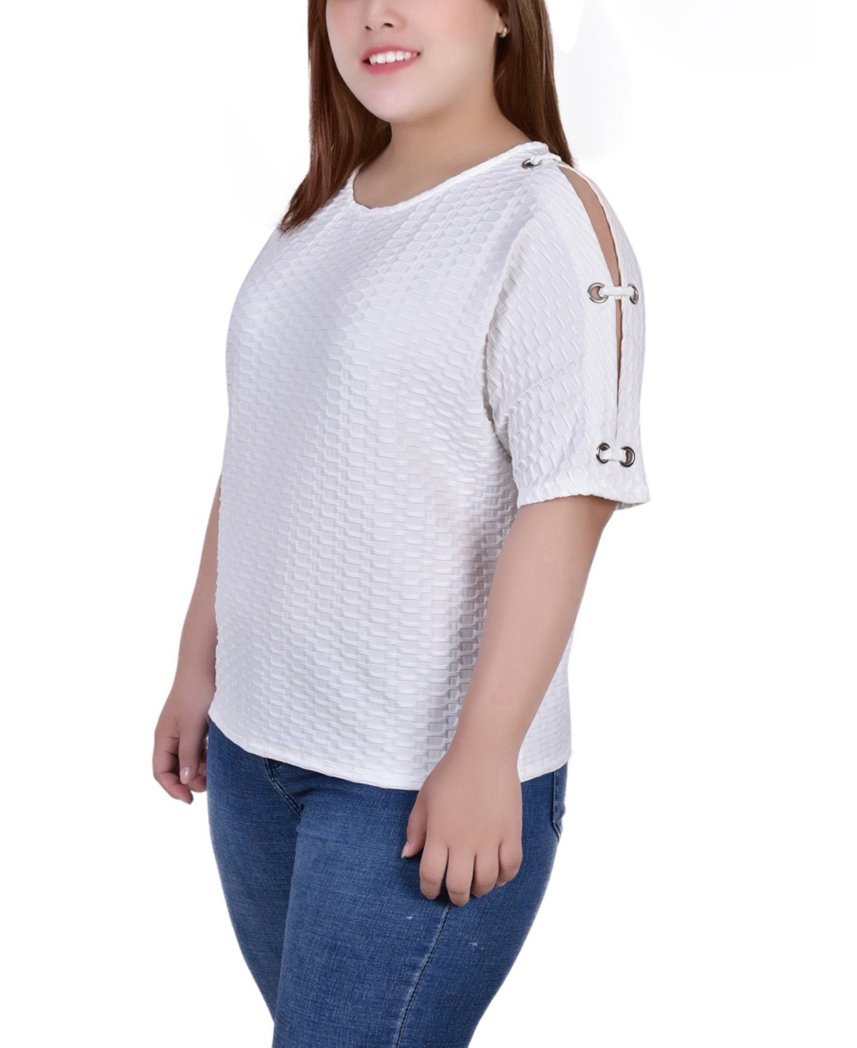Ny Collection Plus Size Honeycomb Open Shoulder Tunic In White