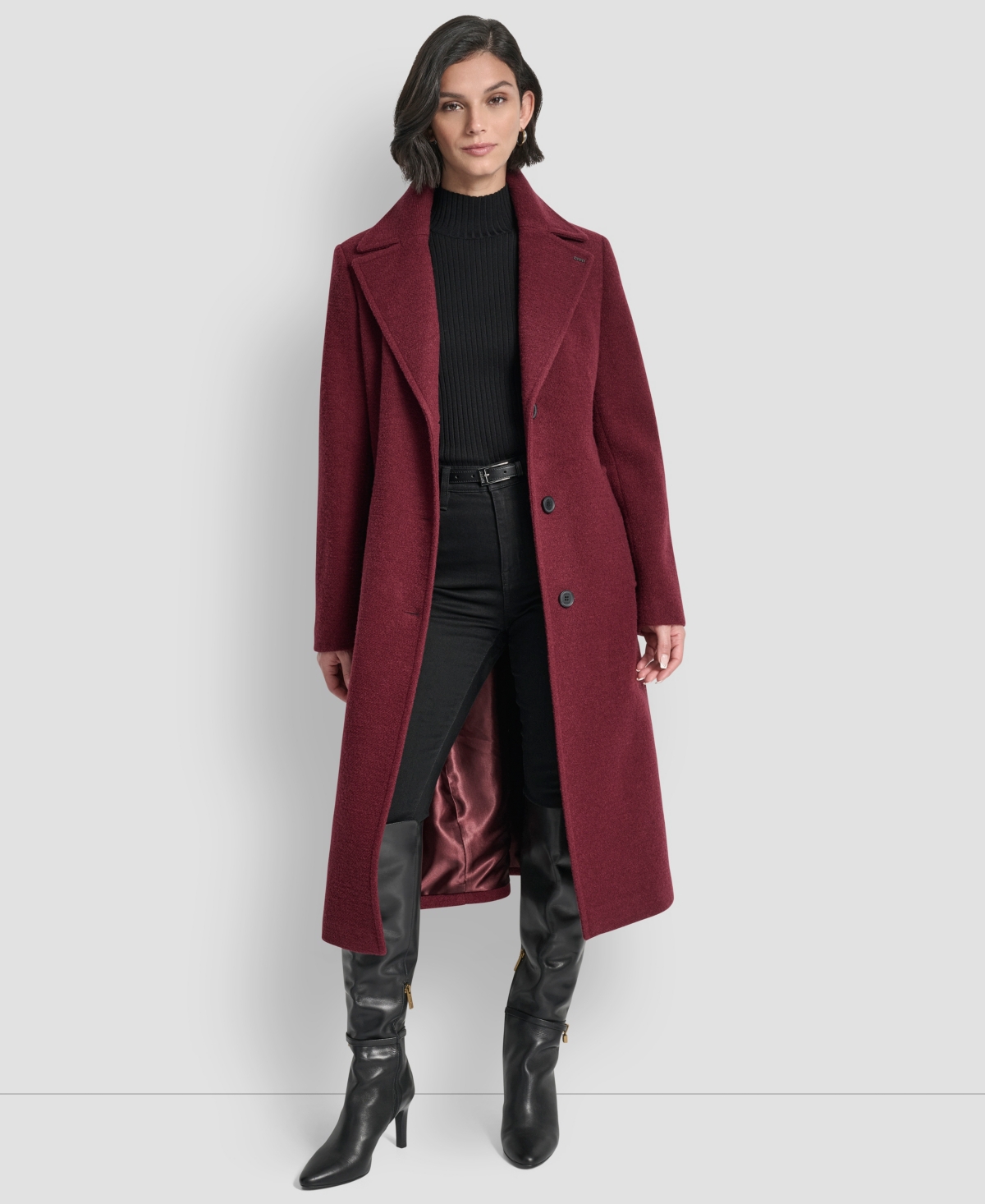 Dkny Women's Maxi Boucle Notch Collar Coat In Burgundy