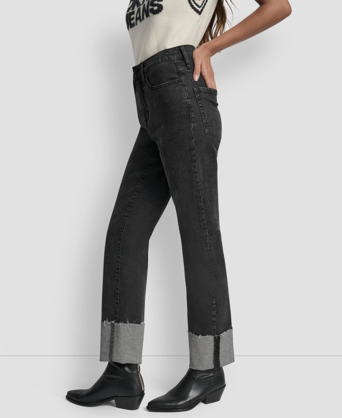 Dkny Jeans Women's High-rise Classic Cuffed Straight-leg Jeans In Black