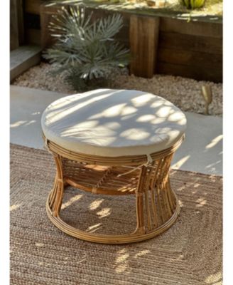 - Natural Rattan and Beige Fabric Pouf Exotic Boho Upholstery Living Room