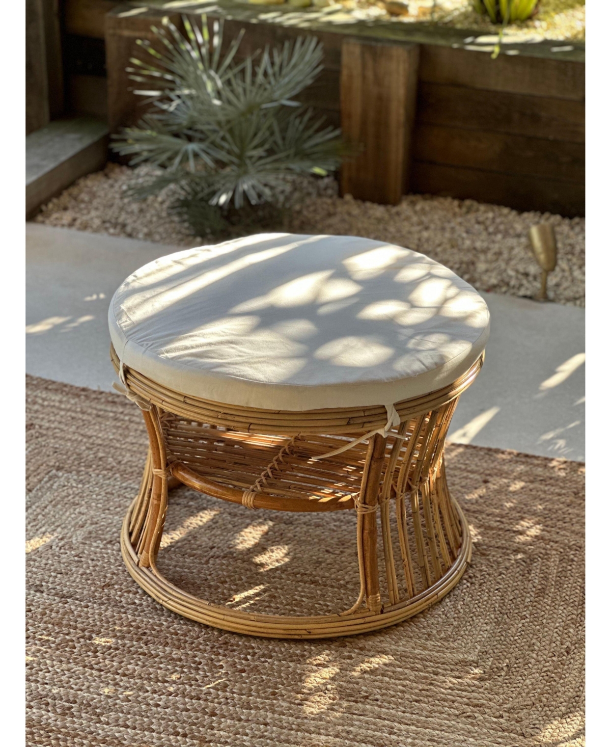 Nordlys - Natural Rattan and Beige Fabric Pouf Exotic Boho Upholstery Living Room