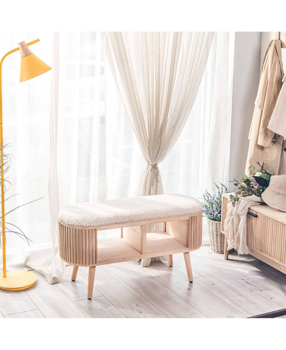 Nordlys - White Boucle and Wood Storage Bench Exotic Boho Entry