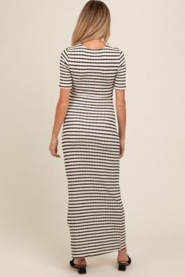 Ivory Black Striped Knit Short Sleeve Maternity Maxi Dress