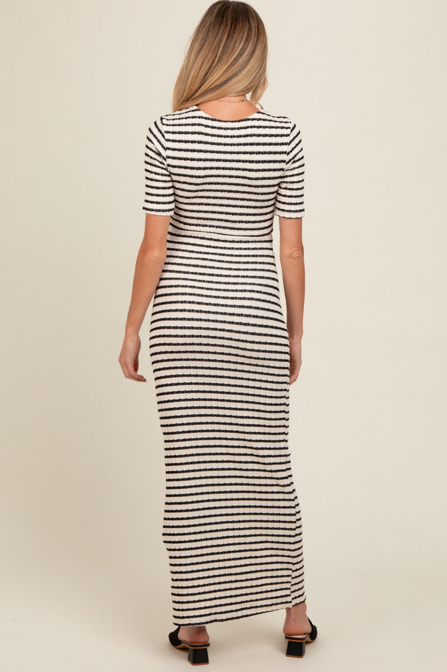 Women's Ivory Black Striped Knit Short Sleeve Maxi Dress