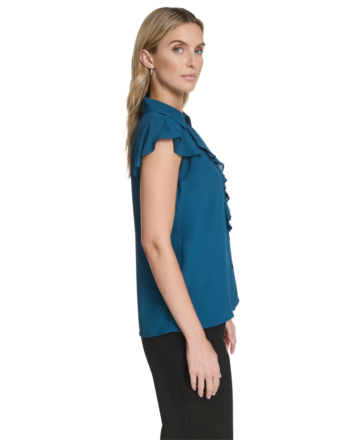 Calvin Klein Cap Sleeve Ruffle Front Button-up Shirt In Green
