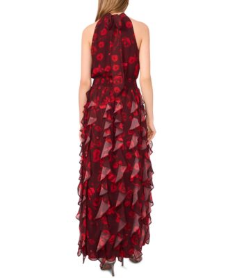 Women's Floral Smocked Cascade-Ruffle Halter Maxi Dress