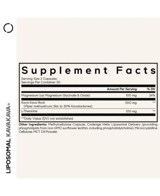Liposomal Kava Kava+ Supplement - 500 mg 30% Kavalactones with Magnesium Glycinate - Magnesium Oxide - L-Theanine, 60 Capsules