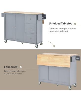 52.7" Rolling Kitchen Island with Drop Leaf, Solid Wood Top, Storage Cabinet & Drawers, Mobile Kitchen Cart